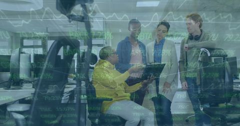 Diverse Team Analyzing Financial Data in High-Tech Office