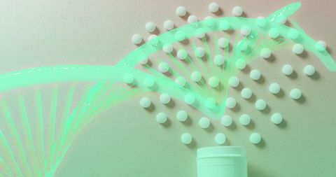 Dna strand over assorted pills highlighting genetic therapy