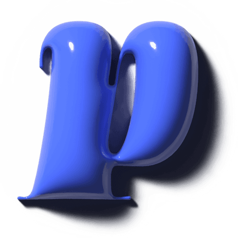 Glossy blue 3d lowercase p on transparent background reflective ceramic plastic glyph