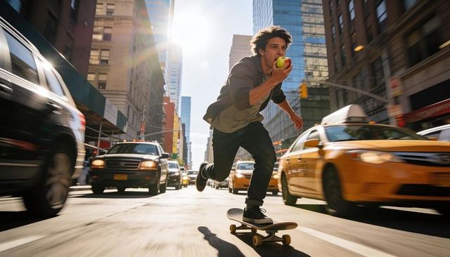 Skateboarder carving through busy city avenue biting green apple under sunlit skyline