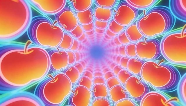 Neon apple tunnel spiraling kaleidoscopic fruit pattern with glowing gradient halos