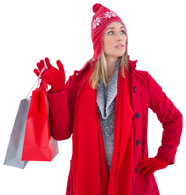 Stylish Blonde in Red Winter Attire Holding Transparent Shopping Bags - Download Free Stock Videos Pikwizard.com