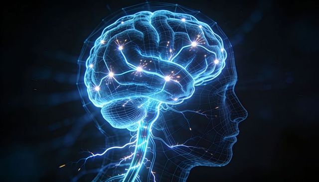 Glowing neural network brain inside wireframe head visualizing ai cognitive connectivity