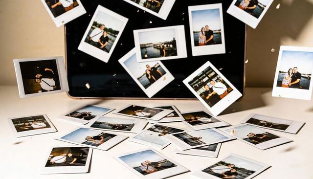Floating polaroid memories scattering over desk with laptop