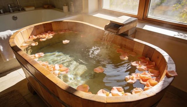 Wooden barrel tub filling with steaming water and floating rose petals by sunlit window