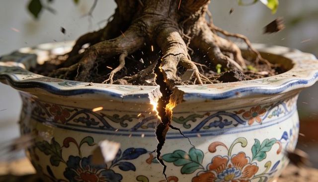 Bonsai roots pushing through cracked ornate ceramic planter with glowing sparks closeup