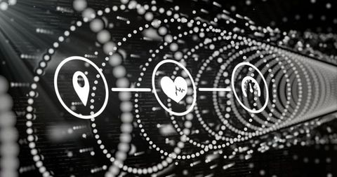 Futuristic Digital Interface with Icons and Dotted Tunnel