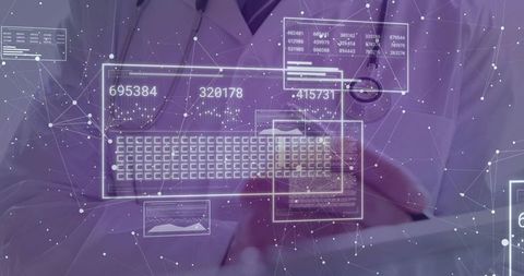 Doctor reviewing digital patient data on tablet with AR medical dashboards and analytics