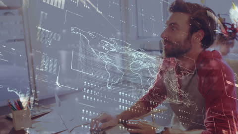 Businessman Analyzing Financial Data with Global Interface