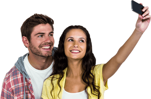 Happy couple capturing selfie on transparent background