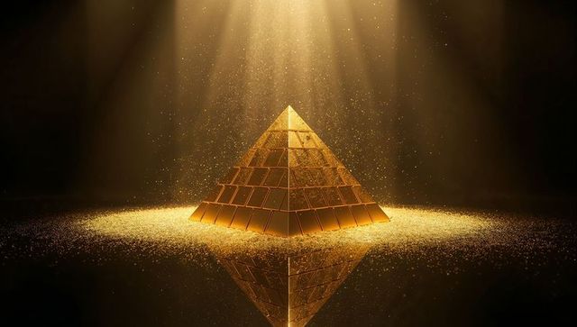 Glowing golden stepped pyramid reflecting on glossy black floor with glitter halo
