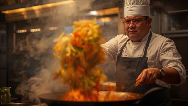 Asian Chef Masterfully Tossing Vegetables in Fiery Wok