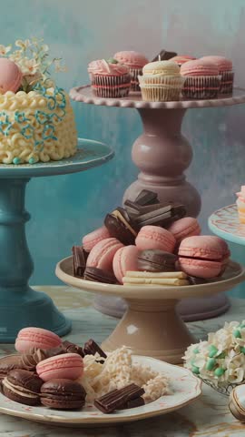 Vertical video showcasing pastel dessert display with macarons, cupcakes on tiered stands