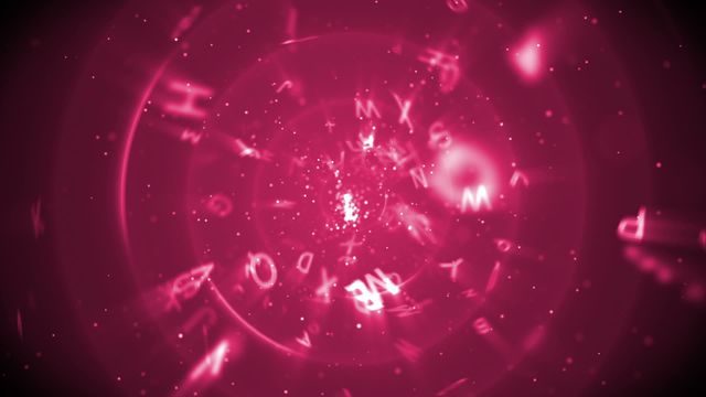 Glowing pink alphabet letters spiraling in circular motion on abstract background. Useful for educational content, artistic projects, graphic design, and futuristic themes.