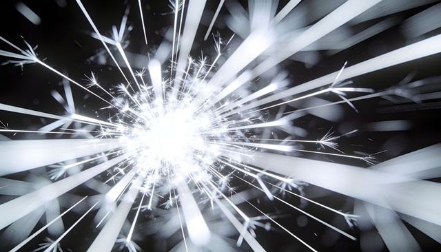 Radiating igniting core bursting radial light beams with sparklets bokeh monochrome glow