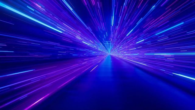 Dynamic neon lights converging in digital corridor