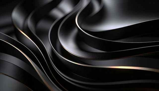Sleek black metallic ribbons flowing with subtle gold edges abstract luxury background