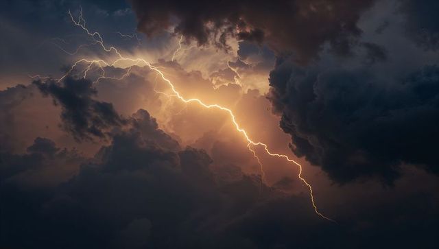 Dramatic lightning bolt illuminating stormy sky