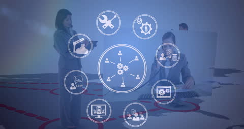 Business Icons Rotating with Diverse Professionals on World Map