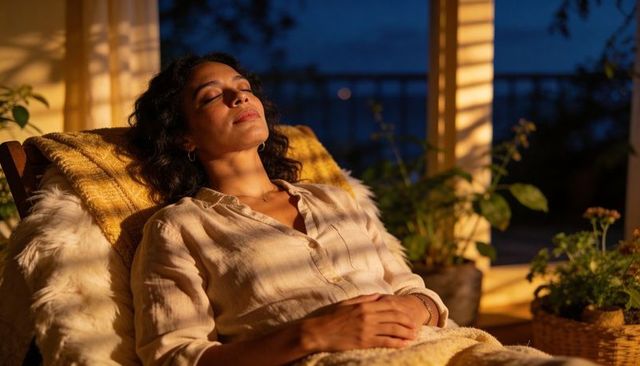 Middle eastern woman resting on porch at dusk in linen shirt with cozy blanket and plants