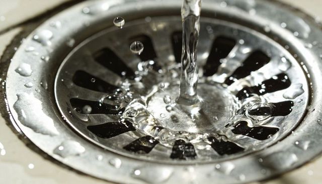 Flowing water splashing into stainless steel sink drain macro droplets and reflections