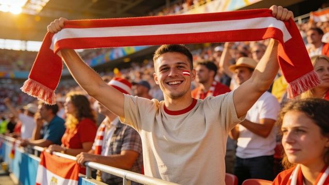 Young male fan celebrating with red and white scarf in sunlit stadium crowd