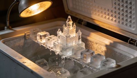 Melting ice castle dripping on freezer rack under warm lamp surreal thawing macro