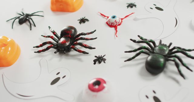 Close up view of multiple halloween toys against white background. halloween festivity and celebration concept