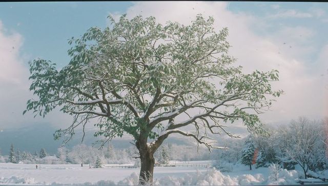 Snow-Covered Tree in Serene Winter Landscape