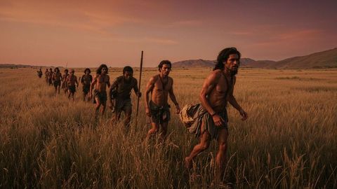 Ancient caveman tribe journeying through golden grasslands at sunset