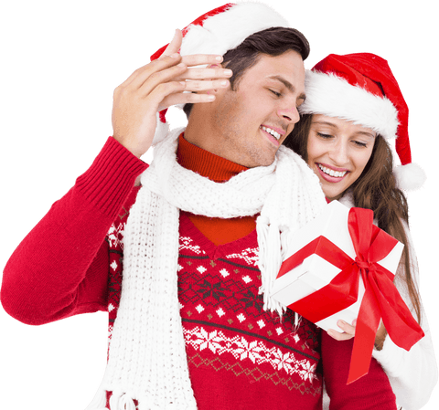 Festive Transparent Couple Sharing Gift at Christmas