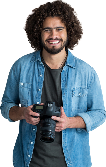 Portrait of Smiling Male Photographer with Medium Long Curly Hair and Camera Isolated on Transparent - Download Free Stock Videos Pikwizard.com