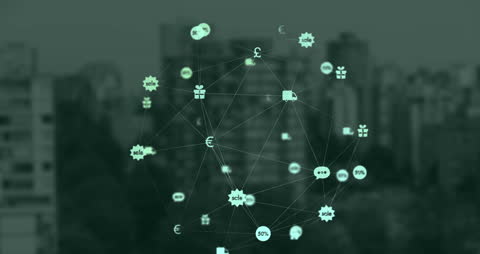 Spinning Globe of Digital Icons with Blurred City Skyline