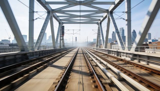 Heading along central railway tracks across steel truss bridge toward urban skyline, vanishing persp