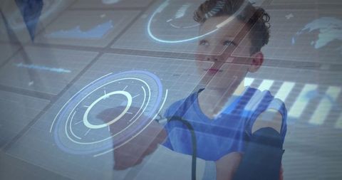 Boy experiencing pediatric checkup with futuristic interface