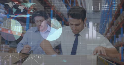 Business People Analyzing Financial Data with Technology Overlay