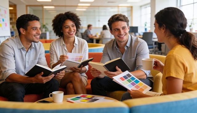Creative team brainstorming color palettes in modern coworking lounge for design projects