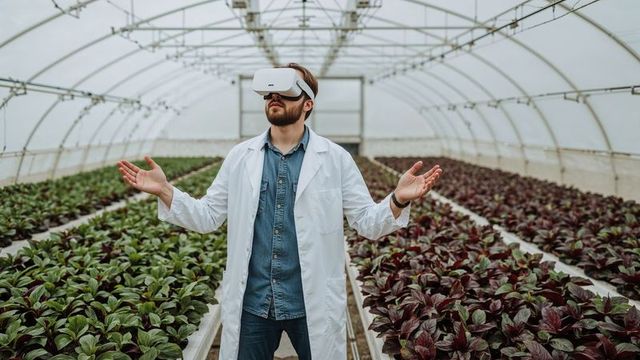 Scientist Using VR Technology in Greenhouse for Crop Research