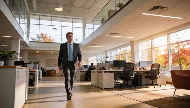 Executive walking through modern open-plan office bathed in warm autumn sunlight