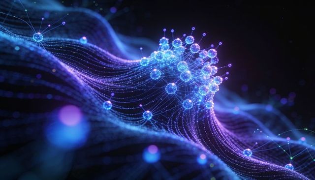 Glowing neural network nodes flowing across digital particle mesh