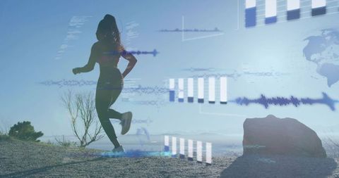 Woman running on sunlit trail with wearable fitness hud overlay and data visualization