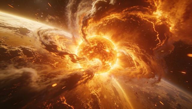Erupting molten star unleashing looping coronal filaments over planetary horizon, fiery plasma