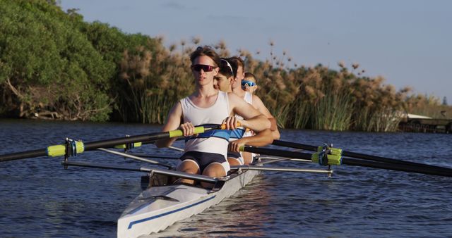 Team of Young Rowers Exercising in a Three-Person Boat on a Sunny Day - Download Free Stock Images Pikwizard.com