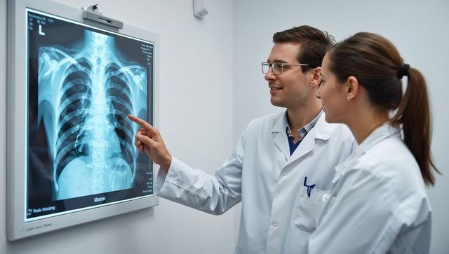 Doctors examining a chest X-ray on a viewer in a hospital, discussing diagnostic results. Suitable for medical articles about diagnostic procedures, healthcare professional training, and radiology education, highlighting teamwork in the clinical setting.