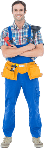 transparent smiling plumber holding tools in blue overalls - Download Free Stock Videos Pikwizard.com
