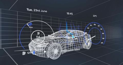Wireframe Electric SUV Showing Futuristic HUD Telemetry, Navigation, Battery and Speed Data