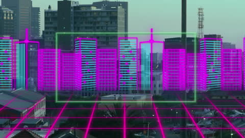 Futuristic Neon Virtual Cityscape with Empty Text Banner