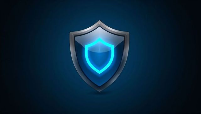 Glowing Cybersecurity Shield Emblem with Metallic Chrome Frame and Neon Cyan Core Glossy