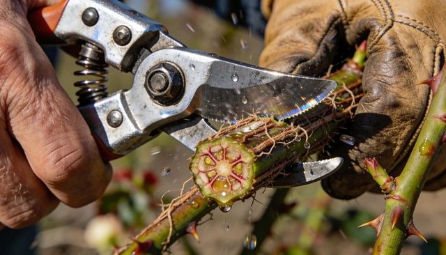 Gardener trimming thorny rose cane with pruners and glove close-up showing sap droplets macro