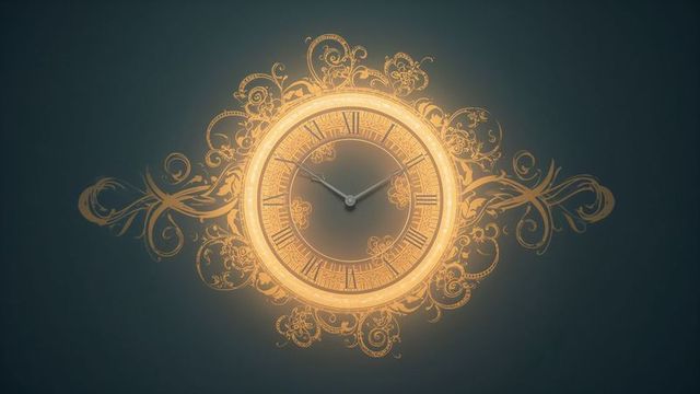 Glowing Ornate Clock with Golden Filigree on Dark Backdrop